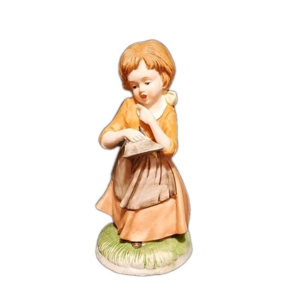 Girl Holding Iron Royal Crown Bisque 6.25" Tall Homemaker Porcelain Figurine Vtg